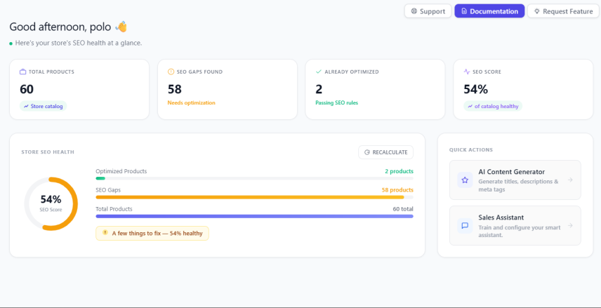 AI WooCommerce plugin dashboard